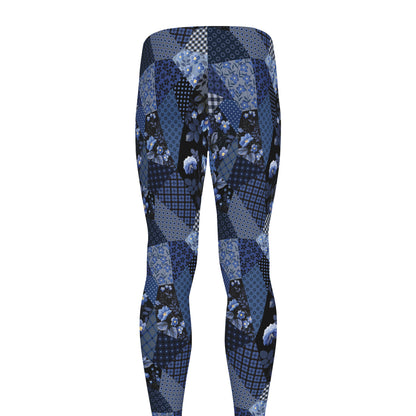 Blue Flower Patchwork Pattern Print Men's leggings