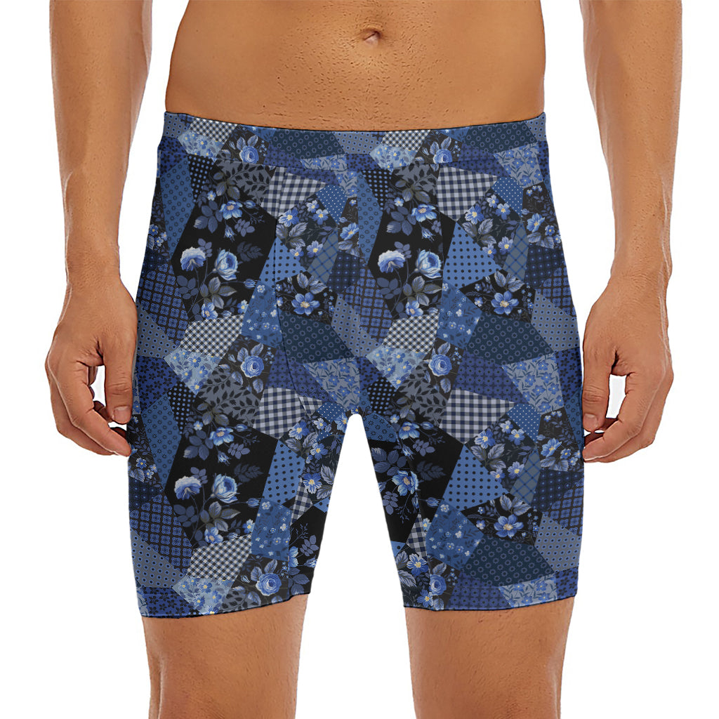 Blue Flower Patchwork Pattern Print Men's Long Boxer Briefs