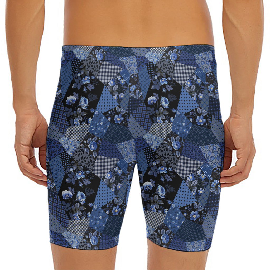 Blue Flower Patchwork Pattern Print Men's Long Boxer Briefs