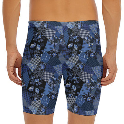 Blue Flower Patchwork Pattern Print Men's Long Boxer Briefs