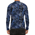 Blue Flower Patchwork Pattern Print Men's Long Sleeve Rash Guard
