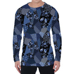 Blue Flower Patchwork Pattern Print Men's Long Sleeve T-Shirt