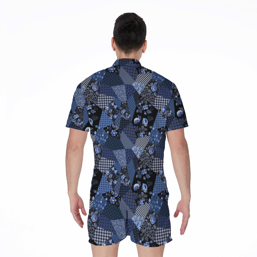 Blue Flower Patchwork Pattern Print Men's Rompers