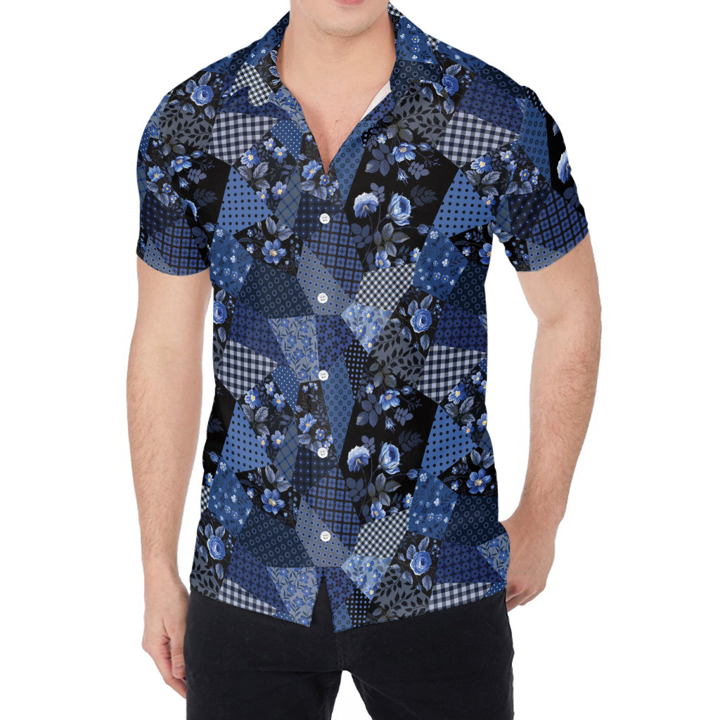 Blue Flower Patchwork Pattern Print Men's Shirt