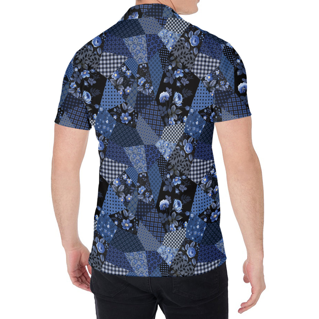 Blue Flower Patchwork Pattern Print Men's Shirt