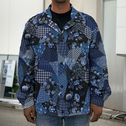 Blue Flower Patchwork Pattern Print Men's Shirt Jacket