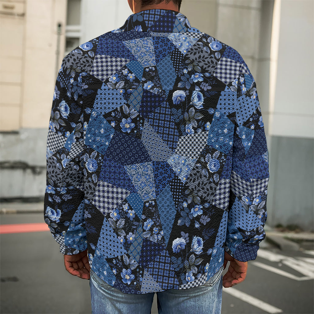 Blue Flower Patchwork Pattern Print Men's Shirt Jacket