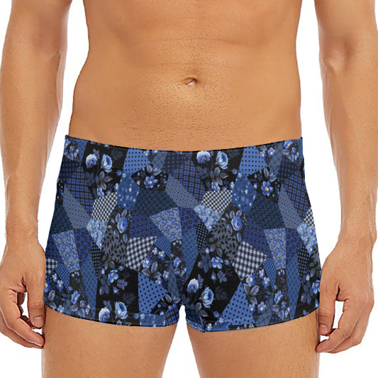 Blue Flower Patchwork Pattern Print Men's Short Boxer Briefs