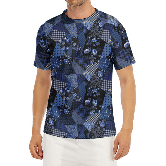 Blue Flower Patchwork Pattern Print Men's Short Sleeve Rash Guard