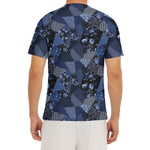 Blue Flower Patchwork Pattern Print Men's Short Sleeve Rash Guard