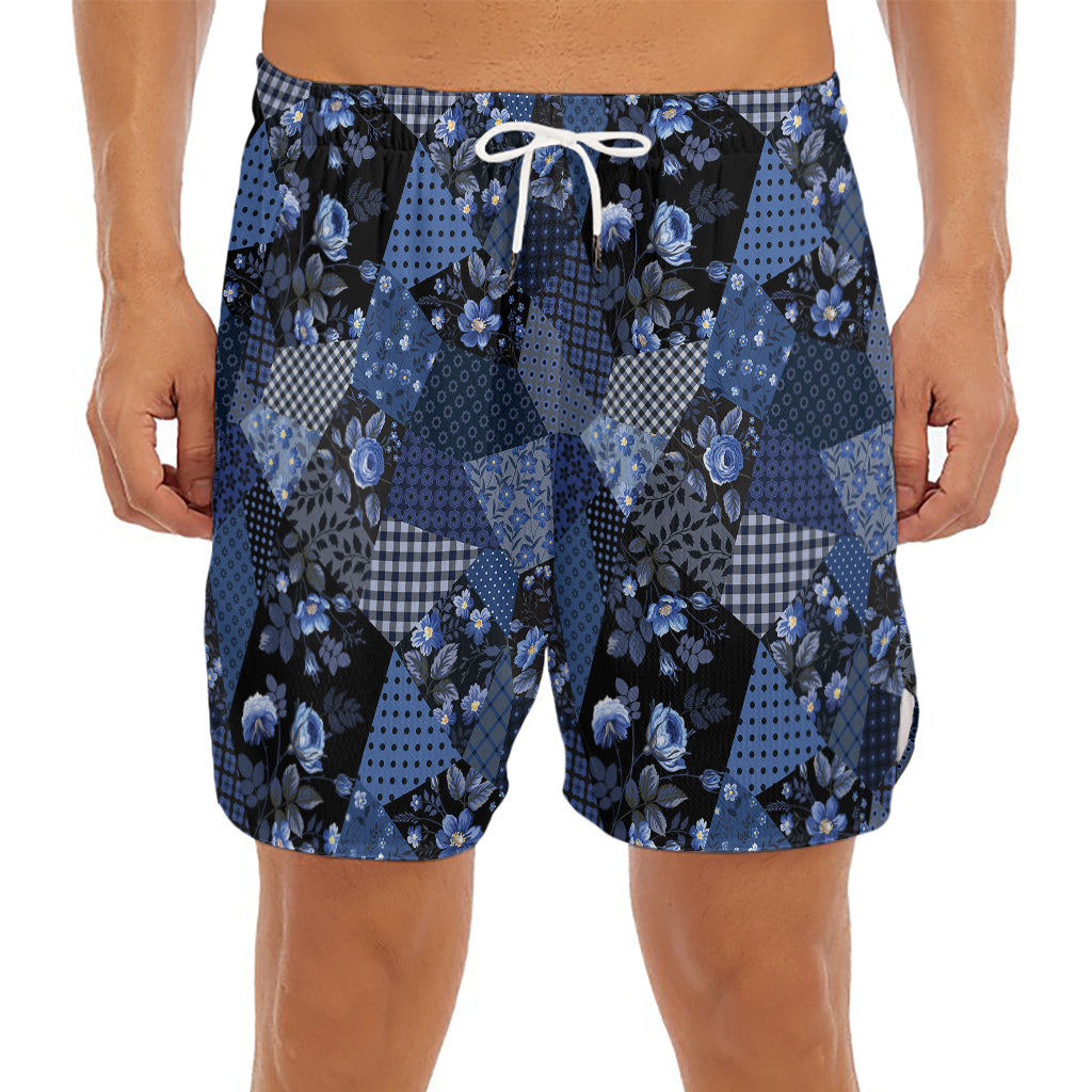Blue Flower Patchwork Pattern Print Men's Split Running Shorts