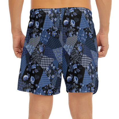 Blue Flower Patchwork Pattern Print Men's Split Running Shorts