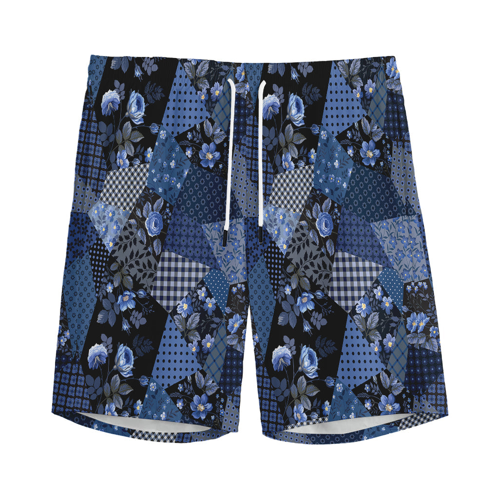 Blue Flower Patchwork Pattern Print Men's Sports Shorts