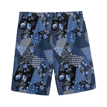 Blue Flower Patchwork Pattern Print Men's Sports Shorts
