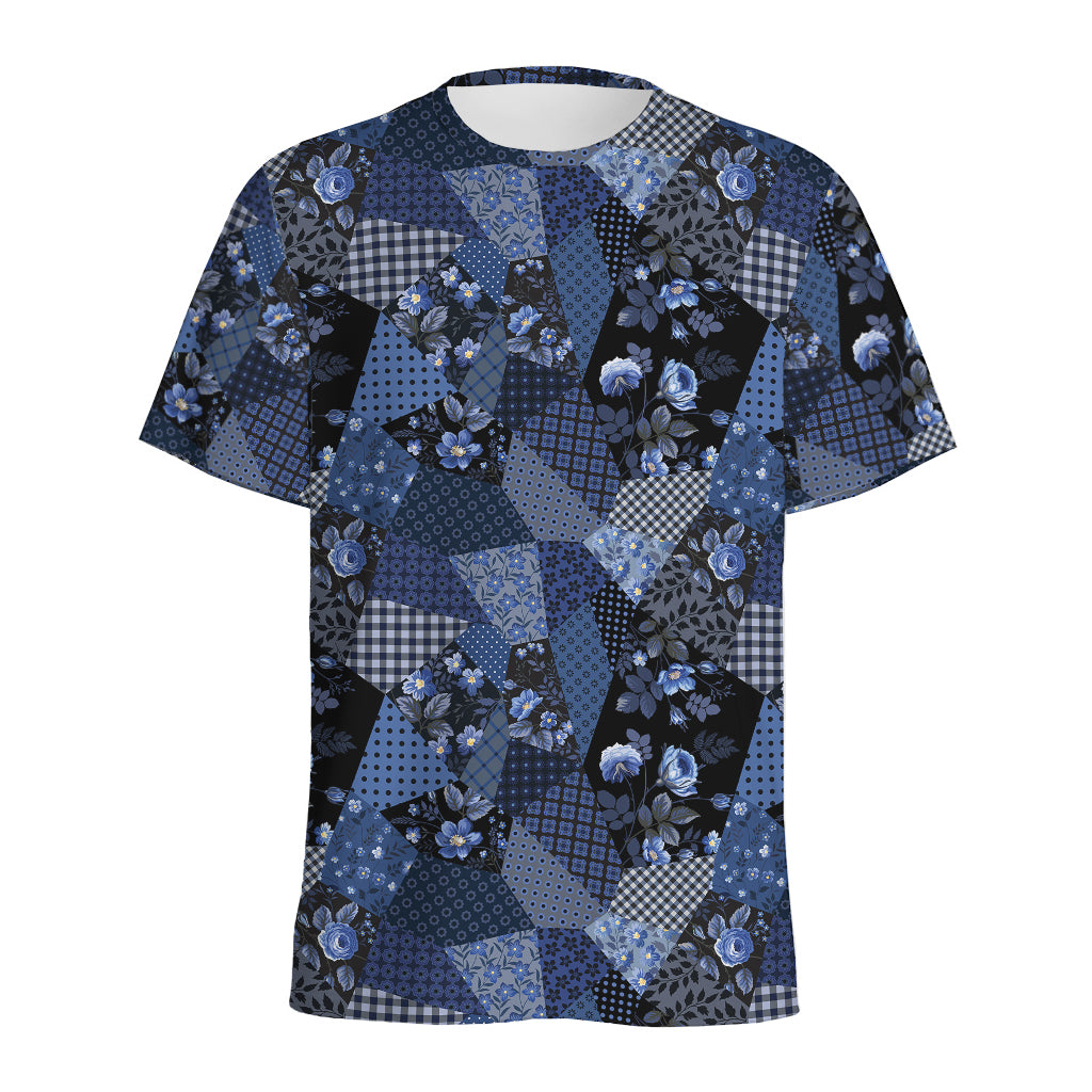 Blue Flower Patchwork Pattern Print Men's Sports T-Shirt