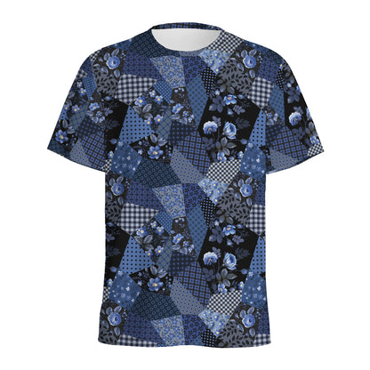 Blue Flower Patchwork Pattern Print Men's Sports T-Shirt