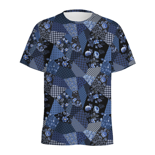 Blue Flower Patchwork Pattern Print Men's Sports T-Shirt