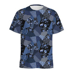 Blue Flower Patchwork Pattern Print Men's Sports T-Shirt