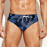 Blue Flower Patchwork Pattern Print Men's Swim Briefs