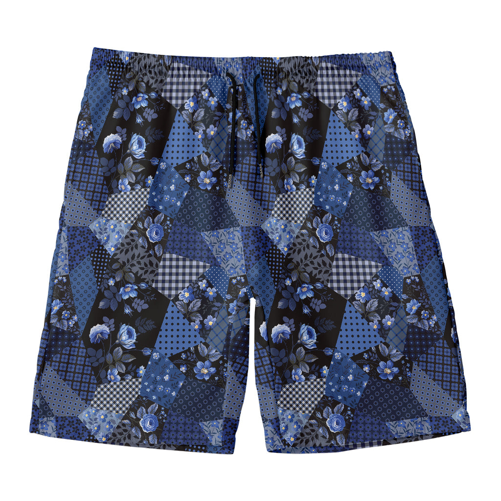 Blue Flower Patchwork Pattern Print Men's Swim Trunks
