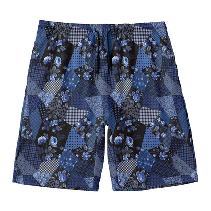 Blue Flower Patchwork Pattern Print Men's Swim Trunks