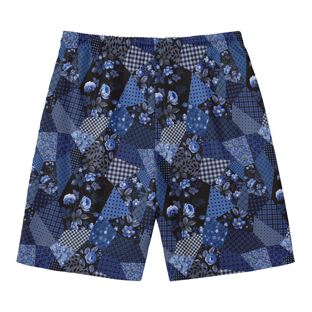 Blue Flower Patchwork Pattern Print Men's Swim Trunks