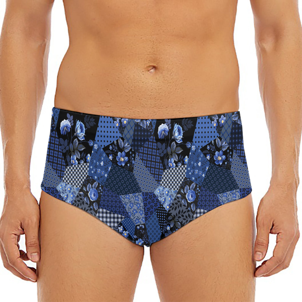 Blue Flower Patchwork Pattern Print Men's Triangle Swim Briefs