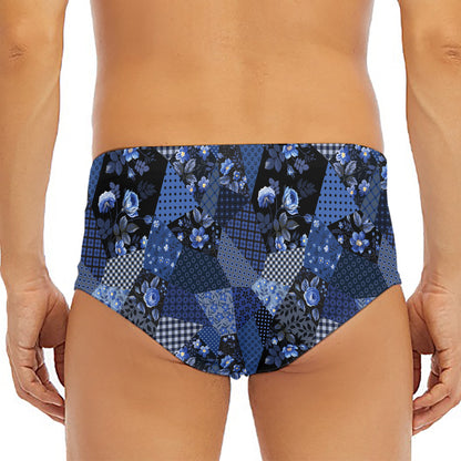 Blue Flower Patchwork Pattern Print Men's Triangle Swim Briefs