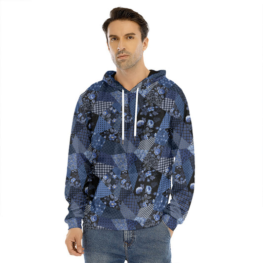 Blue Flower Patchwork Pattern Print Men's Velvet Pullover Hoodie
