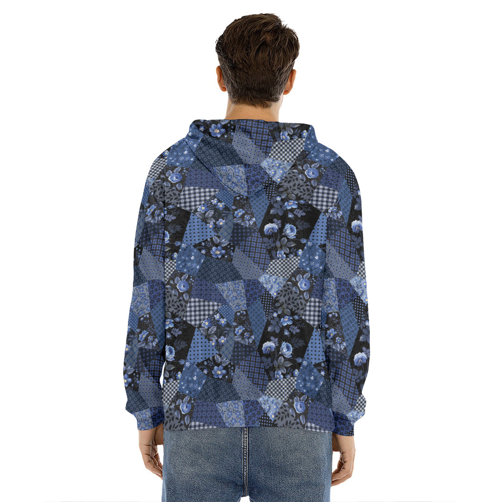 Blue Flower Patchwork Pattern Print Men's Velvet Pullover Hoodie