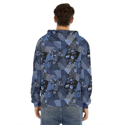 Blue Flower Patchwork Pattern Print Men's Velvet Pullover Hoodie