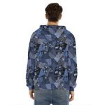 Blue Flower Patchwork Pattern Print Men's Velvet Pullover Hoodie
