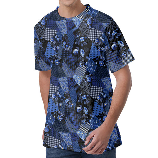 Blue Flower Patchwork Pattern Print Men's Velvet T-Shirt