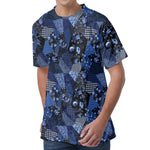 Blue Flower Patchwork Pattern Print Men's Velvet T-Shirt