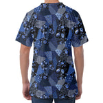 Blue Flower Patchwork Pattern Print Men's Velvet T-Shirt