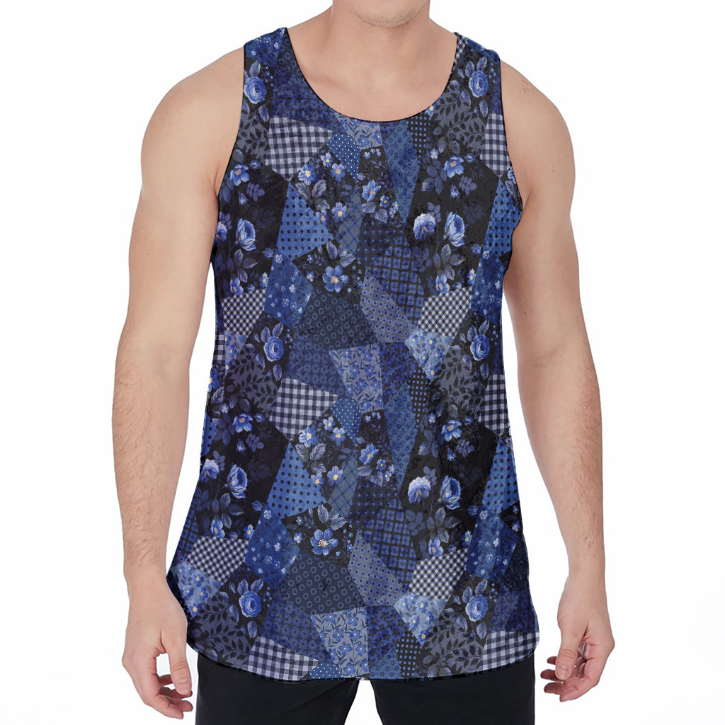 Blue Flower Patchwork Pattern Print Men's Velvet Tank Top