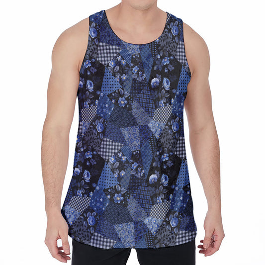 Blue Flower Patchwork Pattern Print Men's Velvet Tank Top