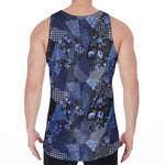 Blue Flower Patchwork Pattern Print Men's Velvet Tank Top