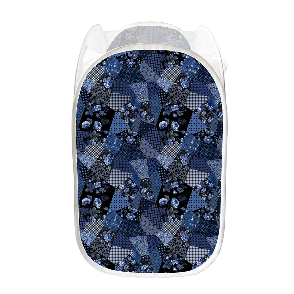 Blue Flower Patchwork Pattern Print Mesh Laundry Hamper