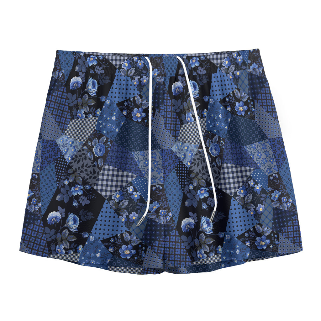 Blue Flower Patchwork Pattern Print Mesh Shorts