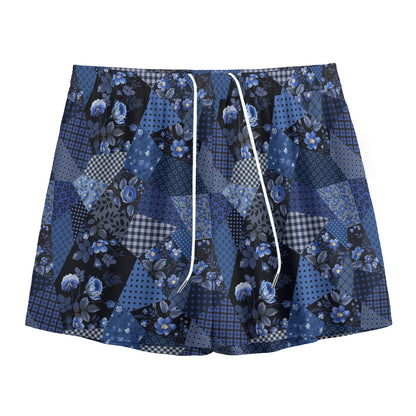 Blue Flower Patchwork Pattern Print Mesh Shorts