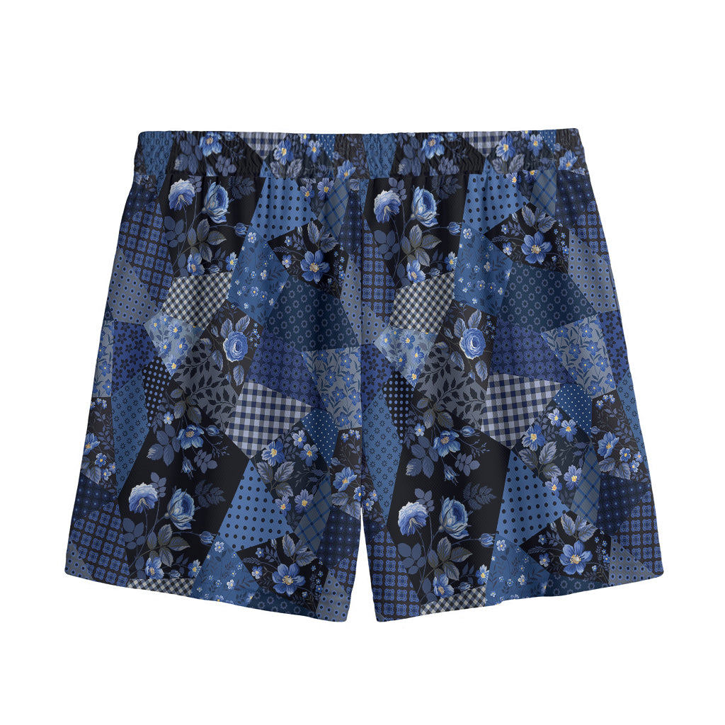 Blue Flower Patchwork Pattern Print Mesh Shorts
