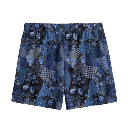 Blue Flower Patchwork Pattern Print Mesh Shorts