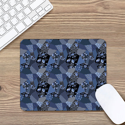 Blue Flower Patchwork Pattern Print Mouse Pad