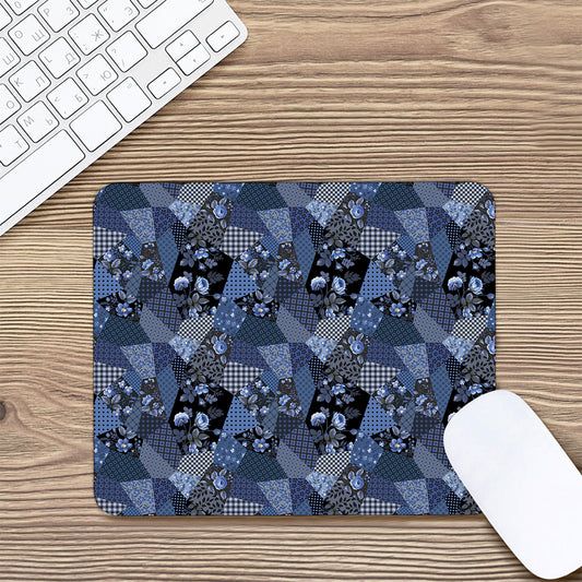 Blue Flower Patchwork Pattern Print Mouse Pad