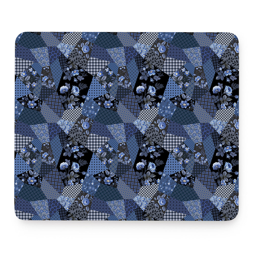Blue Flower Patchwork Pattern Print Mouse Pad