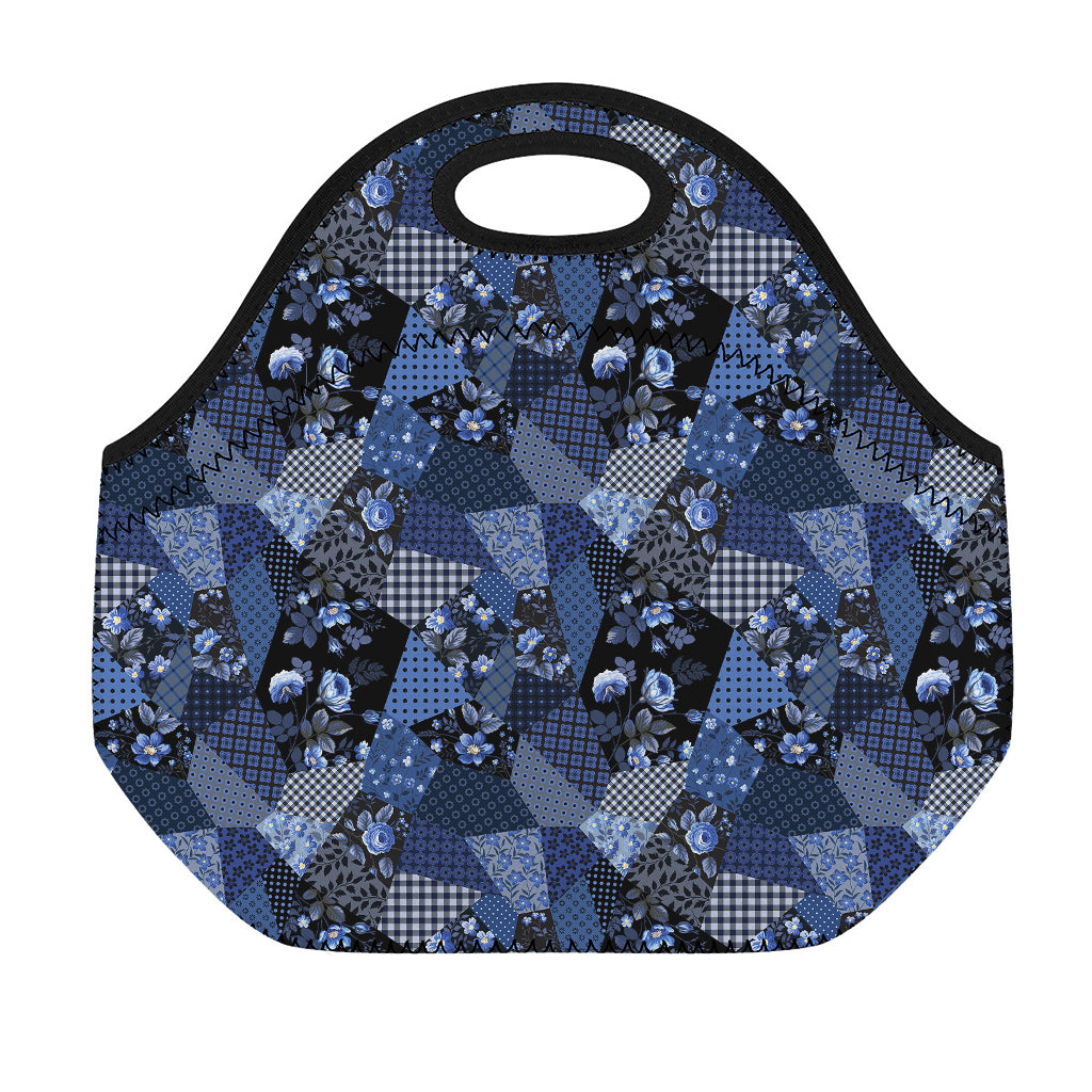 Blue Flower Patchwork Pattern Print Neoprene Lunch Bag