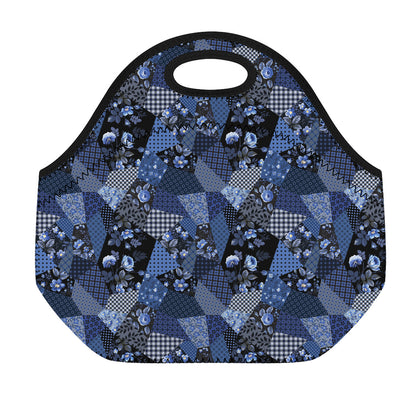 Blue Flower Patchwork Pattern Print Neoprene Lunch Bag