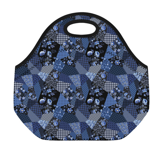 Blue Flower Patchwork Pattern Print Neoprene Lunch Bag