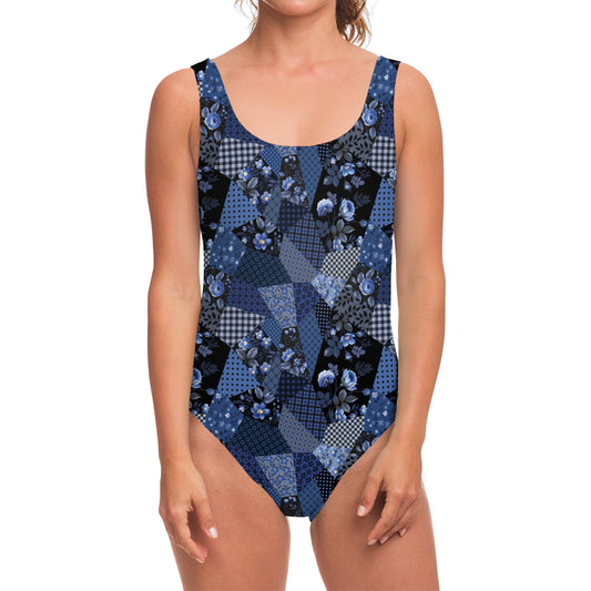 Blue Flower Patchwork Pattern Print One Piece Swimsuit
